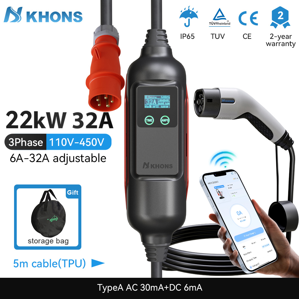 Khons Portable EV Charger Type - Portable Ev Charger 32A Type 2 Cee Plug ulasan dan harga